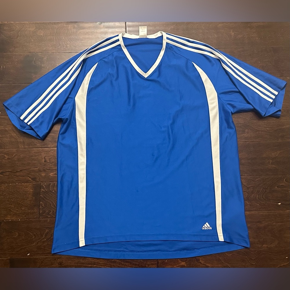 Vintage Men’s Adidas Blue Performance Soccer V-Neck Satin Shirt - 2XL